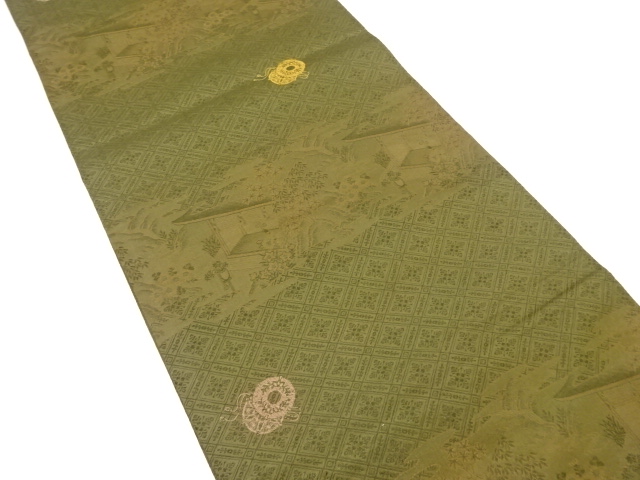 アンティーク　屋敷風景に鼓模様織り出し丸帯（材料）